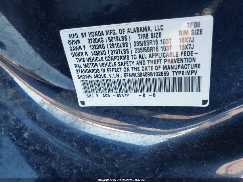 2008 Honda Odyssey Ex VIN: 5FNRL38408B102659 Lot: 43817775