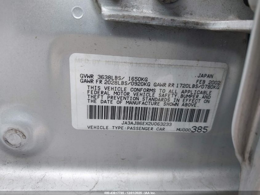 2002 Mitsubishi Lancer Oz Rally VIN: JA3AJ86EX2U063233 Lot: 43817785