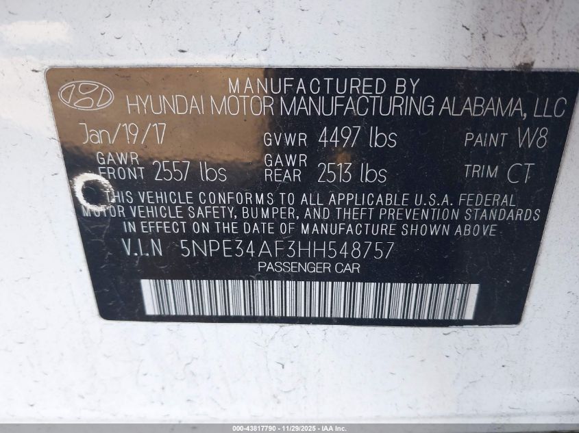2017 Hyundai Sonata Sport VIN: 5NPE34AF3HH548757 Lot: 43817790