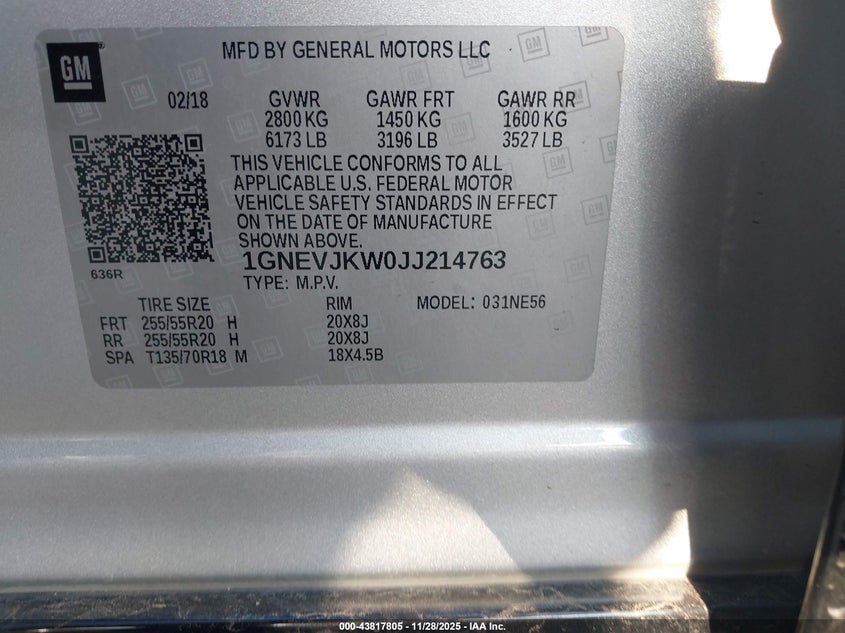 2018 Chevrolet Traverse Premier VIN: 1GNEVJKW0JJ214763 Lot: 43817805