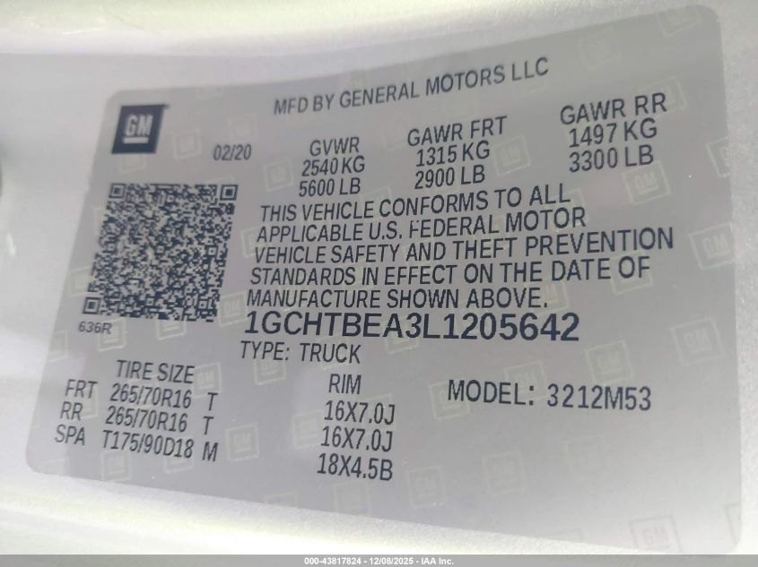 2020 Chevrolet Colorado 4Wd Long Box Wt VIN: 1GCHTBEA3L1205642 Lot: 43817824