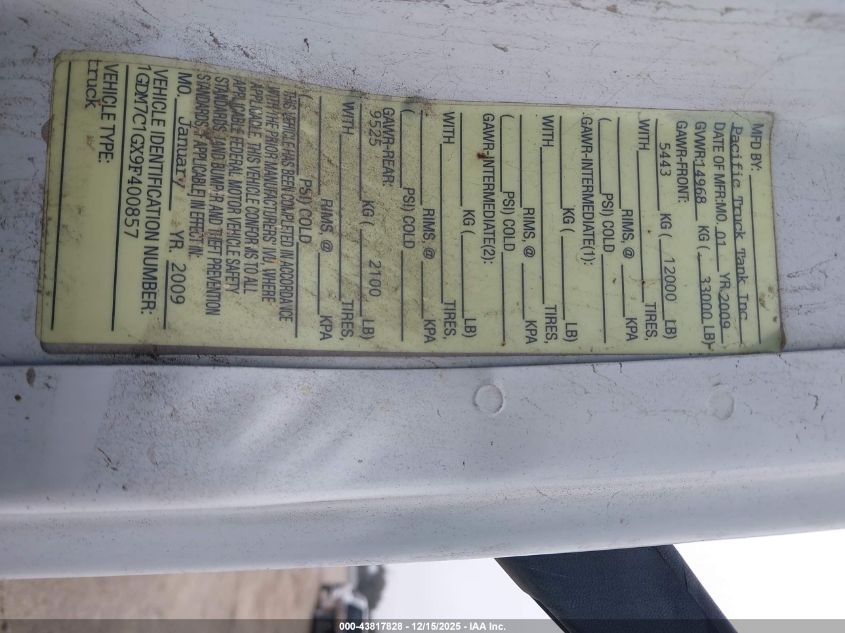 2009 GMC Tc7500 VIN: 1GDM7C1GX9F400857 Lot: 43817828