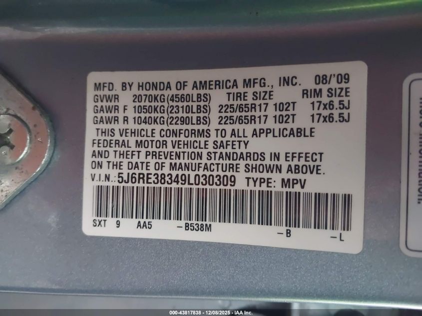 2009 Honda Cr-V Lx VIN: 5J6RE38349L030309 Lot: 43817838