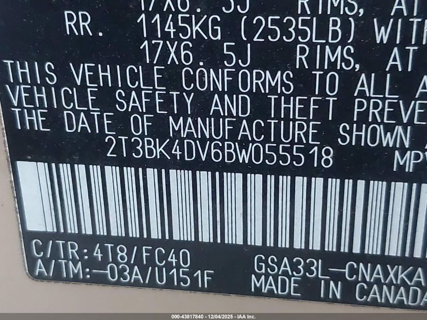 2011 Toyota Rav4 Base V6 VIN: 2T3BK4DV6BW055518 Lot: 43817840