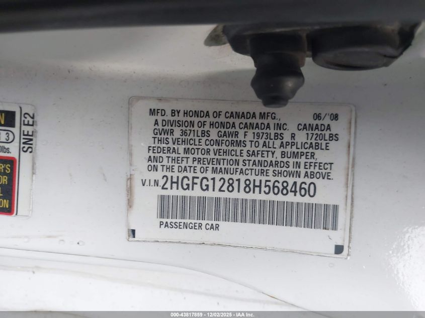 2008 Honda Civic Ex VIN: 2HGFG12818H568460 Lot: 43817859