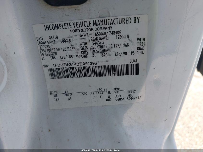 2011 Ford F-450 Chassis Xl VIN: 1FDUF4GT4BEA91296 Lot: 43817868