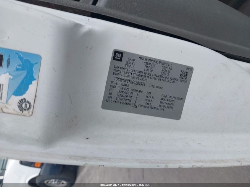 2015 Chevrolet Express 2500 Work Van VIN: 1GCWGFCF8F1284974 Lot: 43817877