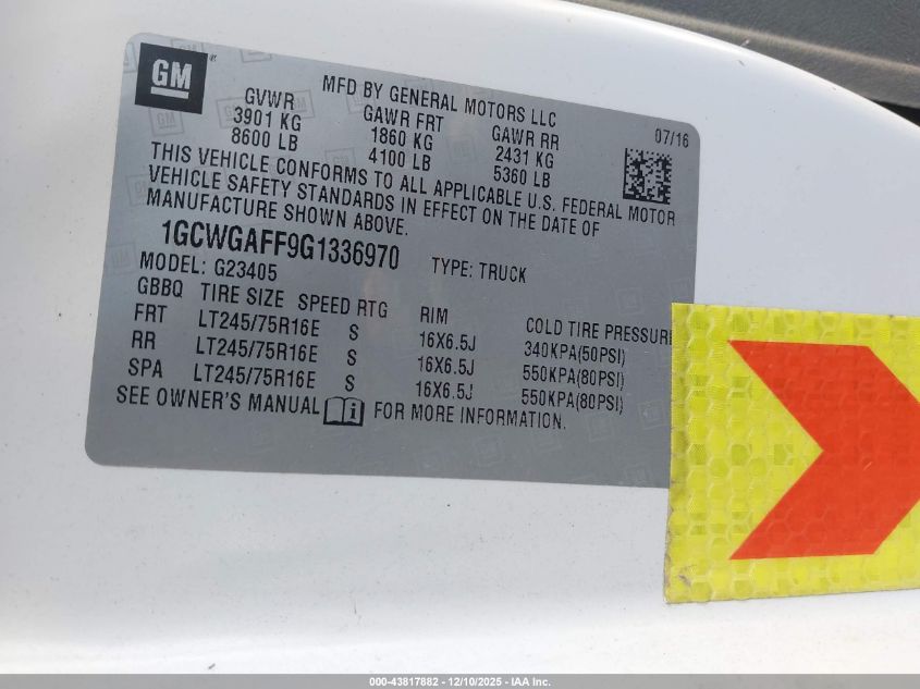 2016 Chevrolet Express 2500 Work Van VIN: 1GCWGAFF9G1336970 Lot: 43817882