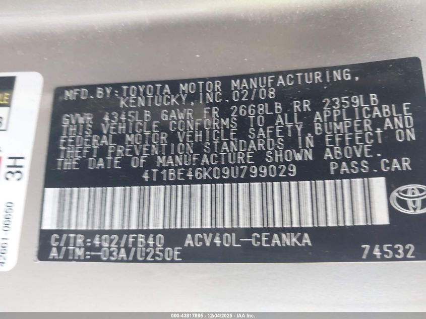 2009 Toyota Camry Le VIN: 4T1BE46K09U799029 Lot: 43817885