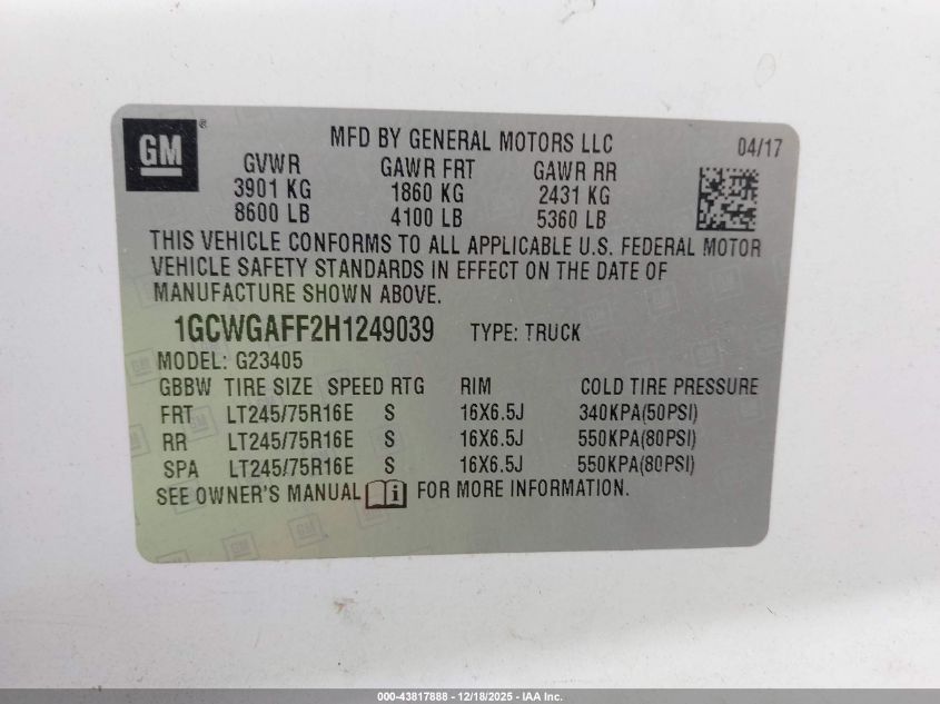 2017 Chevrolet Express 2500 Work Van VIN: 1GCWGAFF2H1249039 Lot: 43817888