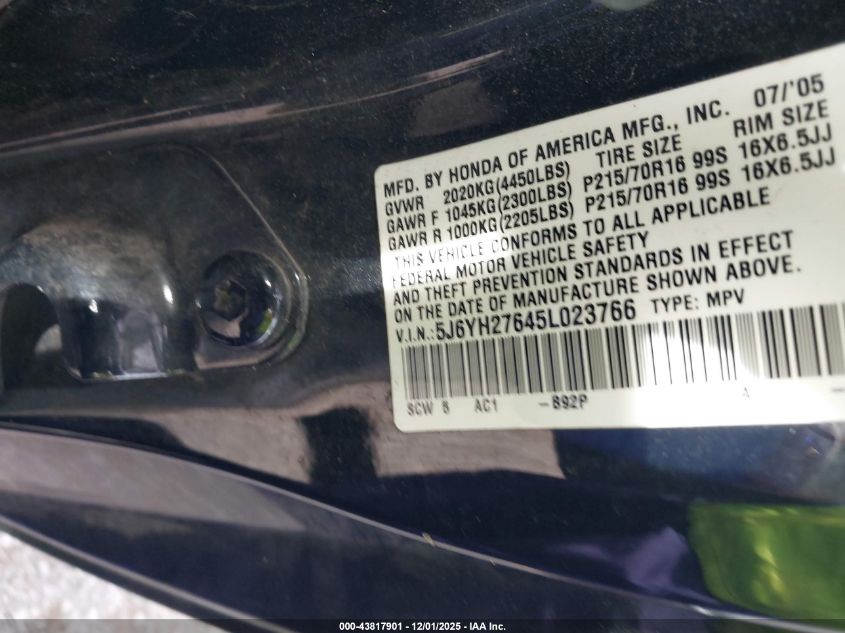 2005 Honda Element Ex VIN: 5J6YH27645L023766 Lot: 43817901