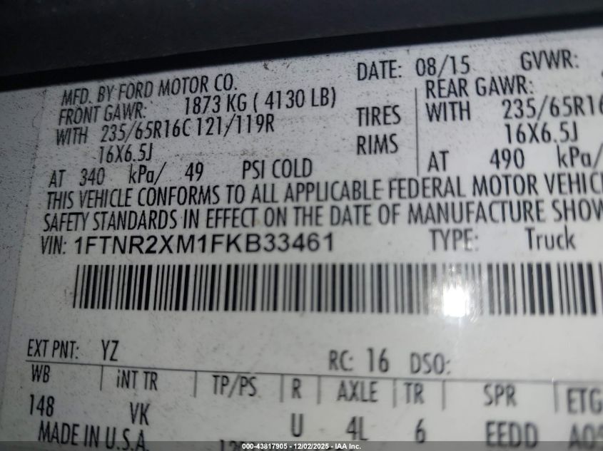 2015 Ford Transit-250 VIN: 1FTNR2XM1FKB33461 Lot: 43817905