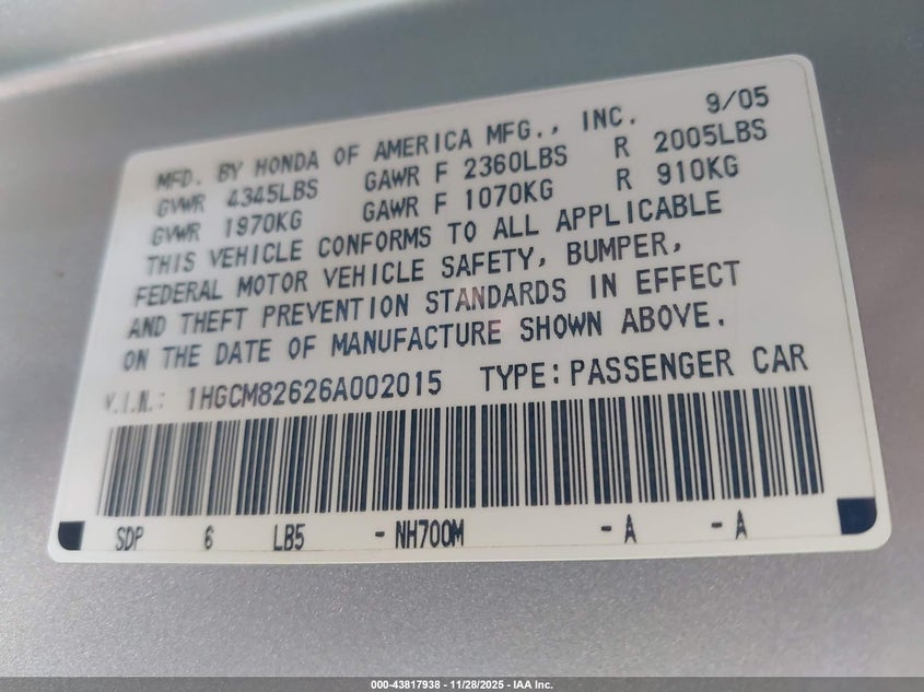 2006 Honda Accord 3.0 Ex VIN: 1HGCM82626A002015 Lot: 43817938