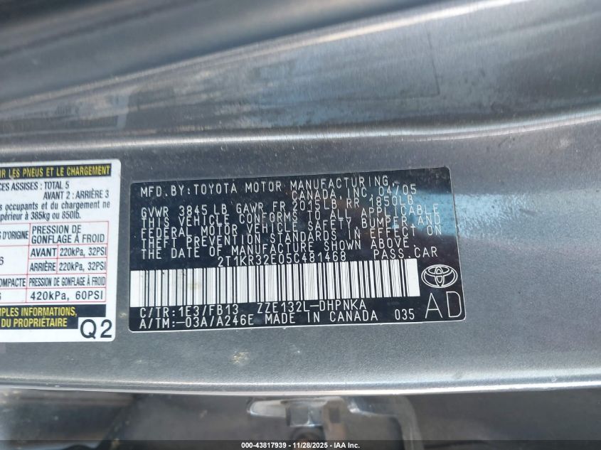 2005 Toyota Matrix Xr VIN: 2T1KR32E05C481468 Lot: 43817939