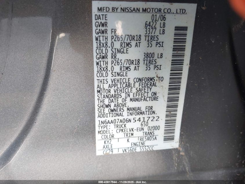 2006 Nissan Titan Le VIN: 1N6AA07A06N541722 Lot: 43817944