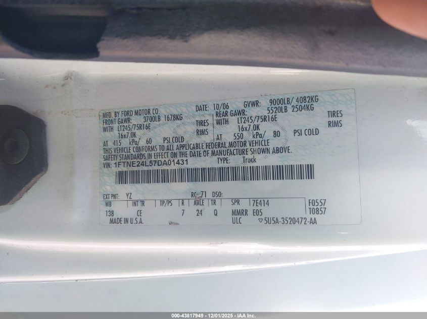 2007 Ford E-250 Commercial/Recreational VIN: 1FTNE24L57DA01431 Lot: 43817949