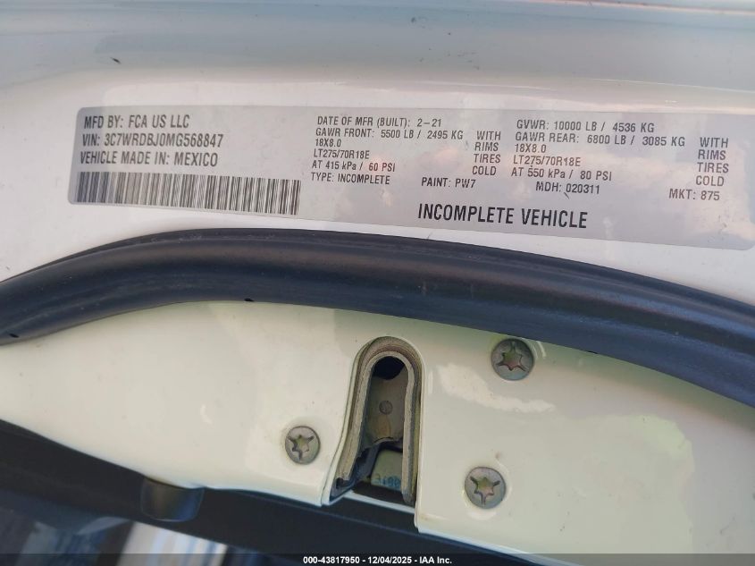 2021 Ram 3500 Chassis Tradesman/Slt/Laramie/Limited VIN: 3C7WRDBJ0MG568847 Lot: 43817950