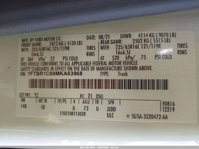 2021 Ford Transit-250 VIN: 1FTBR1C89MKA63968 Lot: 43817951