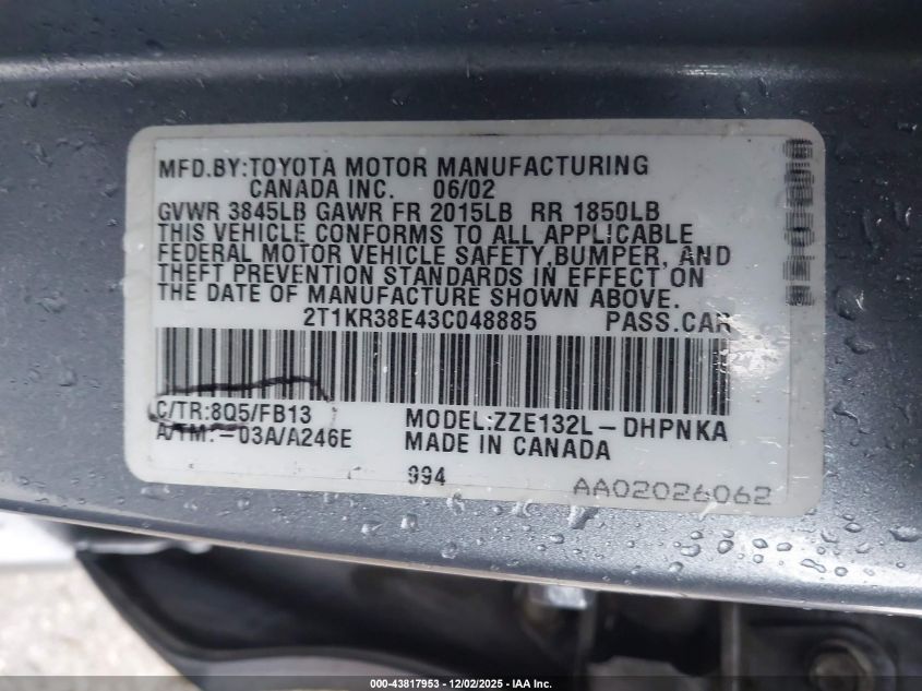 2003 Toyota Matrix Xr VIN: 2T1KR38E43C048885 Lot: 43817953