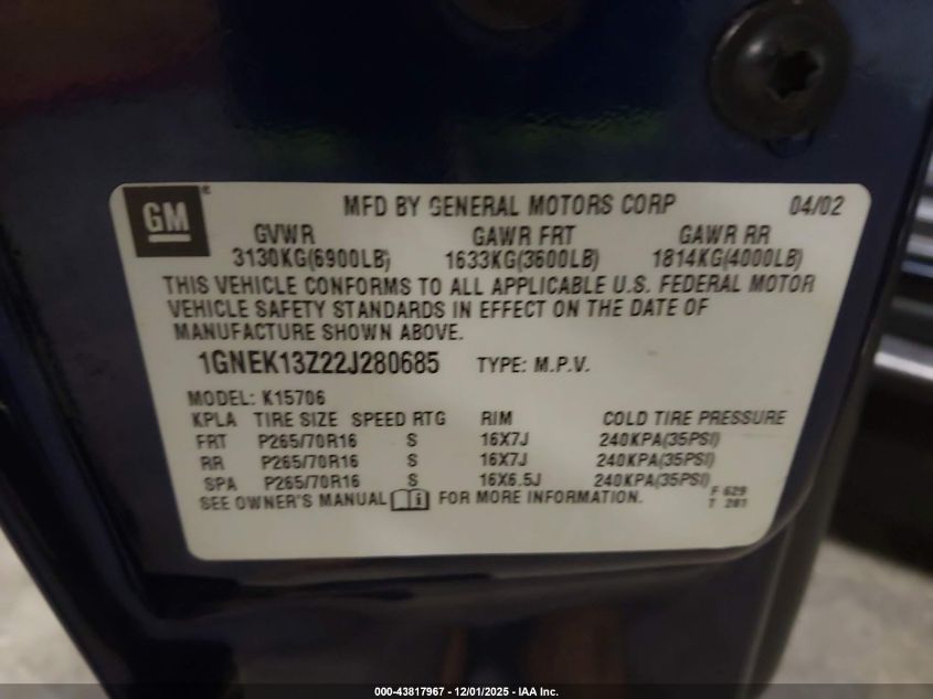2002 Chevrolet Tahoe Ls VIN: 1GNEK13Z22J280685 Lot: 43817967
