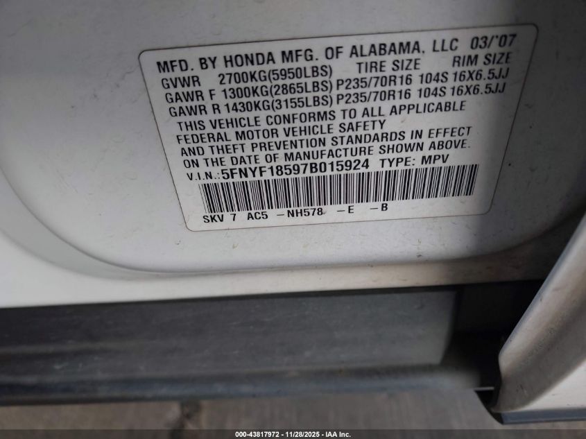 2007 Honda Pilot Ex-L VIN: 5FNYF18597B015924 Lot: 43817972