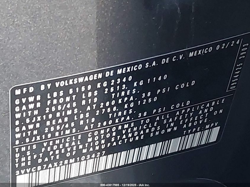 2024 Volkswagen Tiguan 2.0T Se R-Line Black VIN: 3VVCB7AX6RM130971 Lot: 43817985