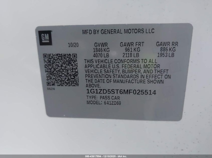 2021 Chevrolet Malibu Fwd Lt VIN: 1G1ZD5ST6MF025514 Lot: 43817994