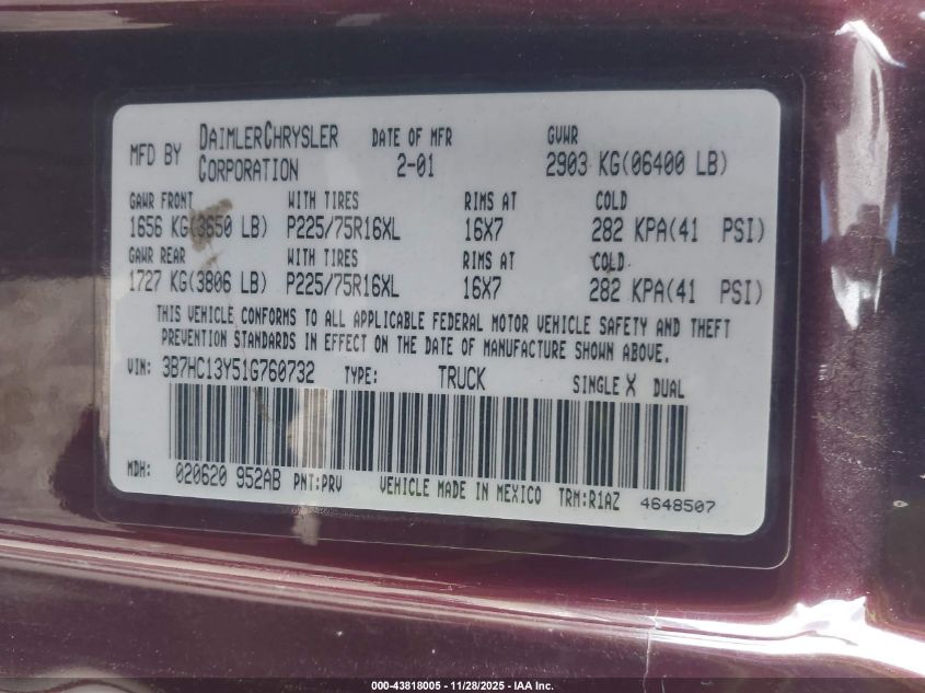 2001 Dodge Ram 1500 St VIN: 3B7HC13Y51G760732 Lot: 43818005