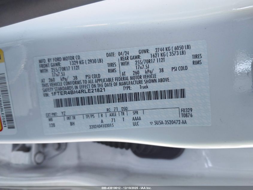 2024 Ford Ranger Xl VIN: 1FTER4BH4RLE21821 Lot: 43818012