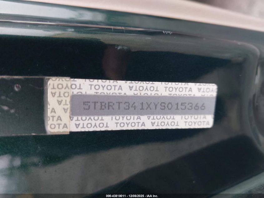 2000 Toyota Tundra Sr5 V8 VIN: 5TBRT341XYS015366 Lot: 43818011