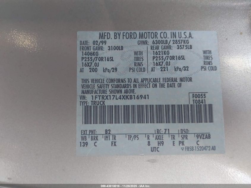 1999 Ford F-150 Lariat/Xl/Xlt VIN: 1FTRX17L4XKB16941 Lot: 43818016