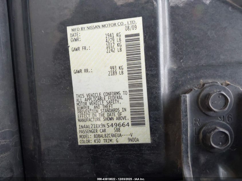 2009 Nissan Altima 2.5 S VIN: 1N4AL21EX9N549664 Lot: 43818022