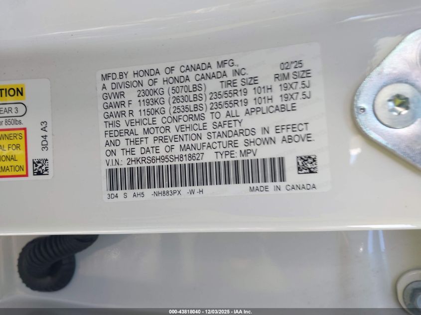2025 Honda Cr-V Hybrid Sport Touring VIN: 2HKRS6H95SH818627 Lot: 43818040