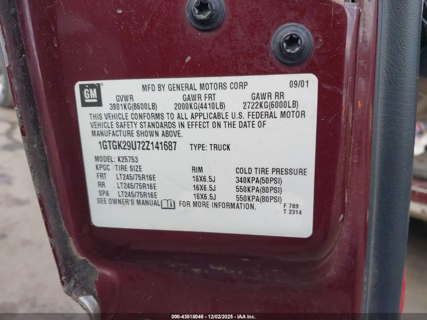 2002 GMC Sierra 2500 Sle VIN: 1GTGK29U72Z141687 Lot: 43818046