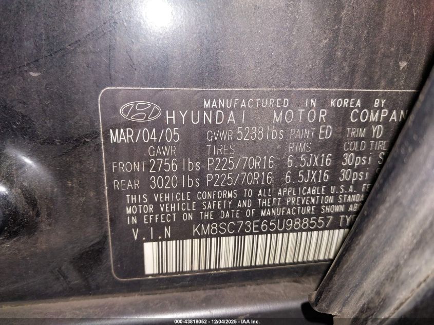 2005 Hyundai Santa Fe Gls/Lx VIN: KM8SC73E65U988557 Lot: 43818052