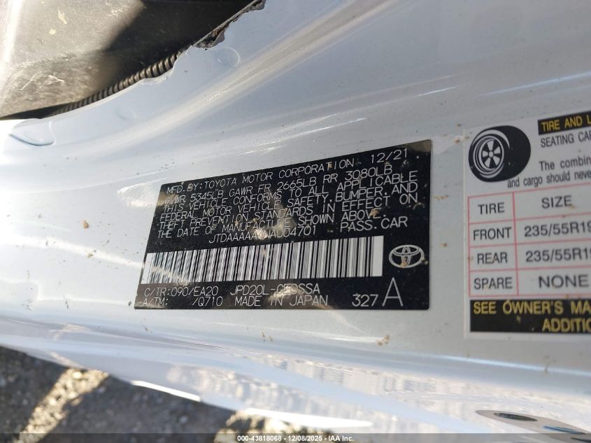 2022 Toyota Mirai Xle VIN: JTDAAAAA4NA004701 Lot: 43818068