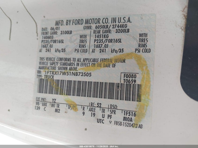 2001 Ford F-150 Lariat/Xl/Xlt VIN: 1FTRX17W51NB73505 Lot: 43818078