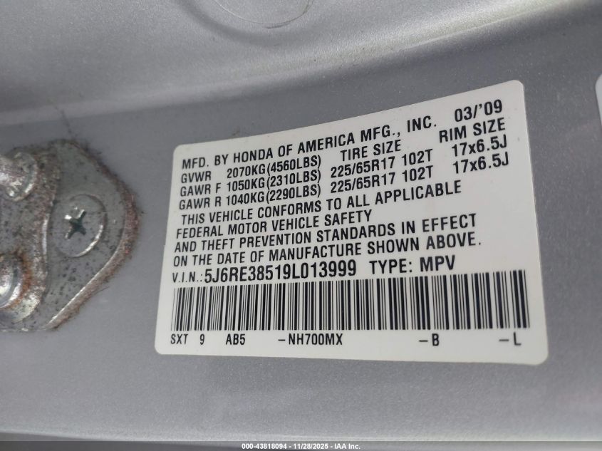 2009 Honda Cr-V Ex VIN: 5J6RE38519L013999 Lot: 43818094