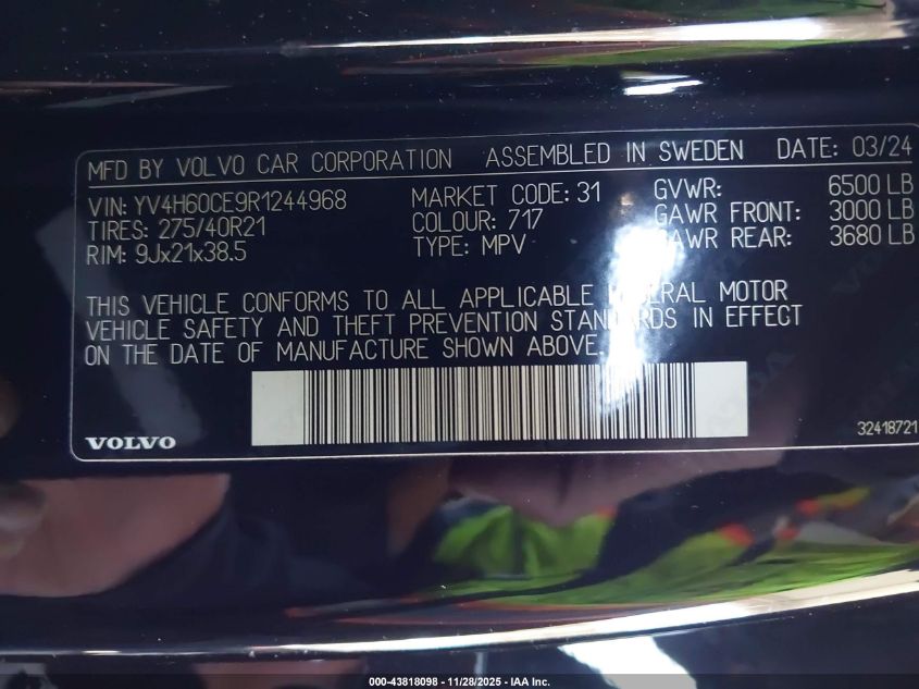 2024 Volvo Xc90 Recharge Plug-In Hybrid T8 Plus Bright Theme 7-Seater VIN: YV4H60CE9R1244968 Lot: 43818098
