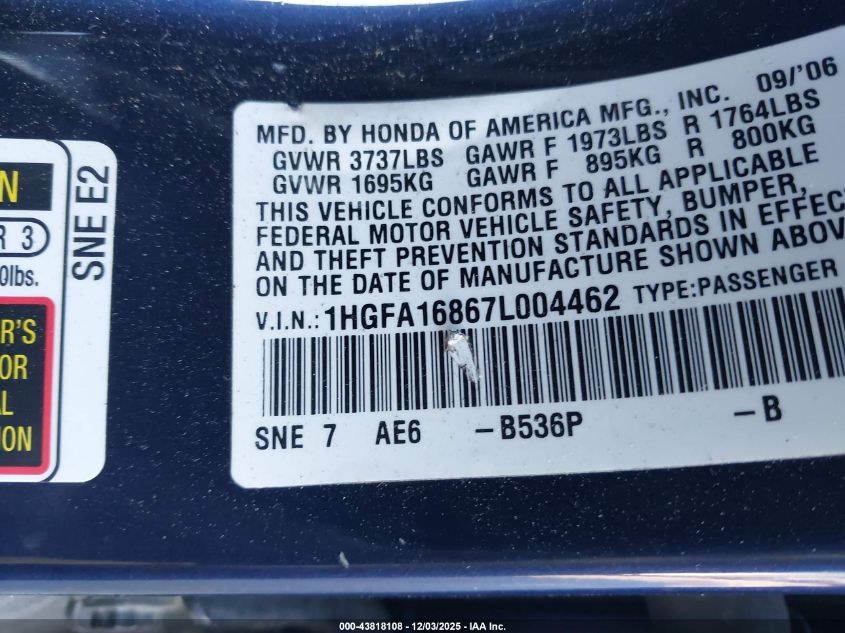2007 Honda Civic Ex VIN: 1HGFA16867L004462 Lot: 43818108