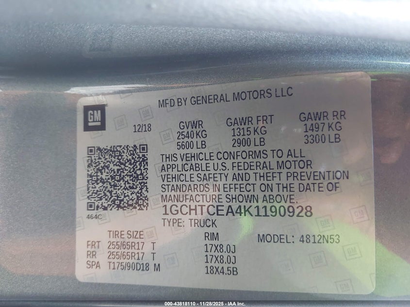 2019 Chevrolet Colorado Lt VIN: 1GCHTCEA4K1190928 Lot: 43818110