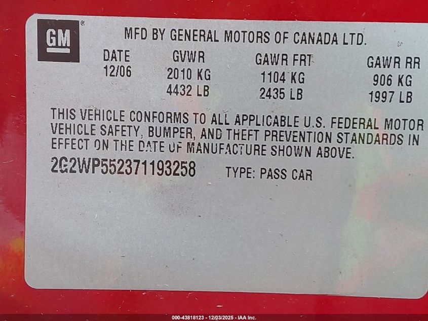 2007 Pontiac Grand Prix VIN: 2G2WP552371193258 Lot: 43818123