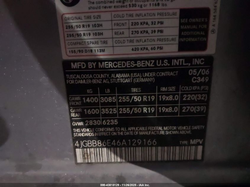 2006 Mercedes-Benz Ml 350 4Matic VIN: 4JGBB86E46A129166 Lot: 43818129