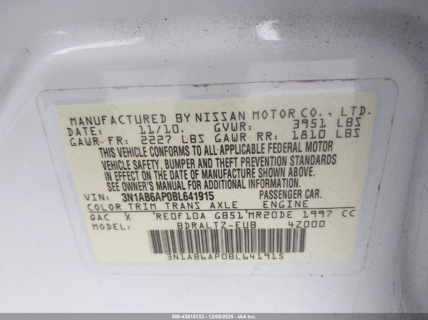 2011 Nissan Sentra 2.0Sr VIN: 3N1AB6AP0BL641915 Lot: 43818132