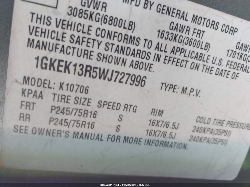 1998 GMC Yukon Slt VIN: 1GKEK13R5WJ727996 Lot: 43818134