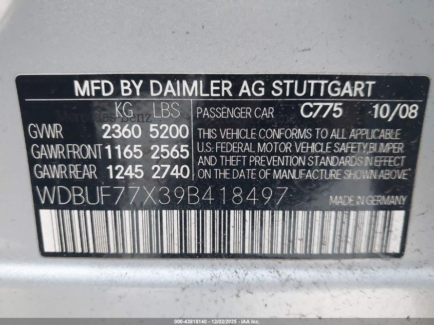 2009 Mercedes-Benz E 63 Amg VIN: WDBUF77X39B418497 Lot: 43818140