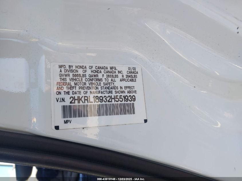 2002 Honda Odyssey Ex-L VIN: 2HKRL18932H551939 Lot: 43818148