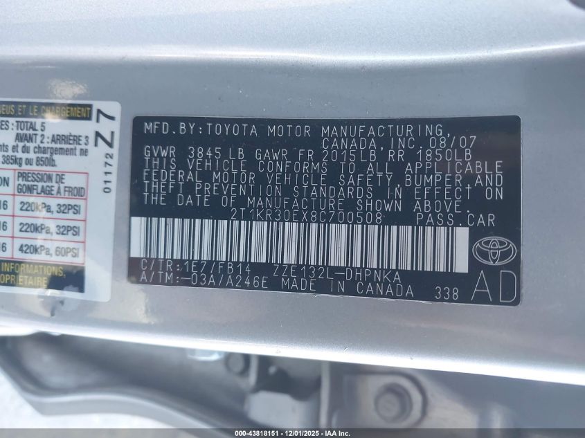 2008 Toyota Matrix Xr VIN: 2T1KR30EX8C700508 Lot: 43818151