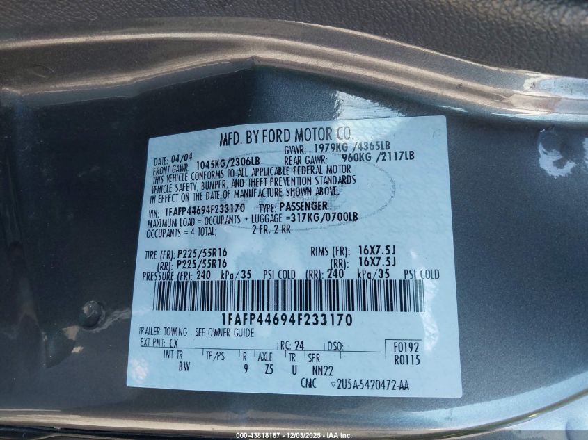 2004 Ford Mustang VIN: 1FAFP44694F233170 Lot: 43818167