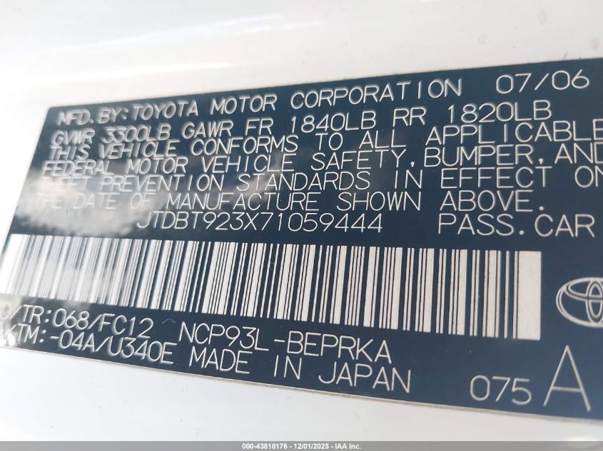 2007 Toyota Yaris VIN: JTDBT923X71059444 Lot: 43818176